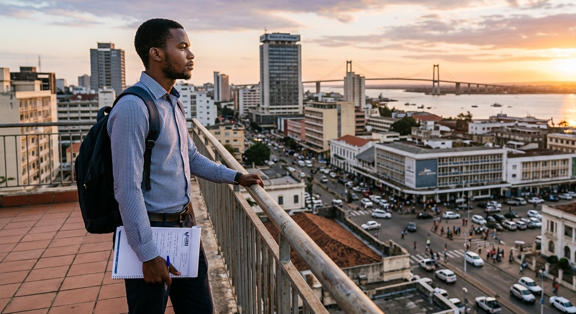 Foto-jornalistica-de-um-jovem-profissional-ou-estudante-universitario-mocambicano-a-olhar-para-o-horizonte-numa-area-urbana-de-Maputo-simbolizando-a-reflexao-sobre-o-futuro-edited O Paradoxo do Diploma: Como os níveis de formação em Moçambique colidem com o desemprego