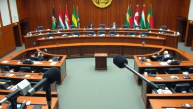 Sede de organização política com bandeiras institucionais e microfones posicionados para conferência de imprensa oficial em sala parlamentar.