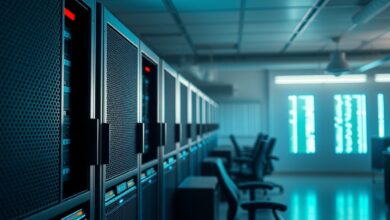 Servidores em centro de dados iluminados por luzes azuis durante processamento de modelos de computação em nuvem