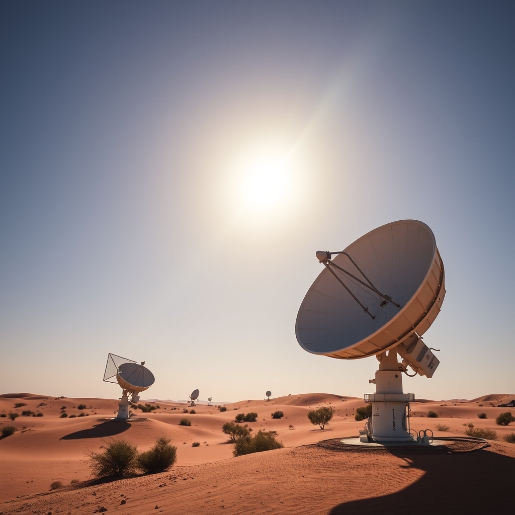 Antenas parabólicas de radiotelescópio sob céu estrelado captando ondas eletromagnéticas no deserto.