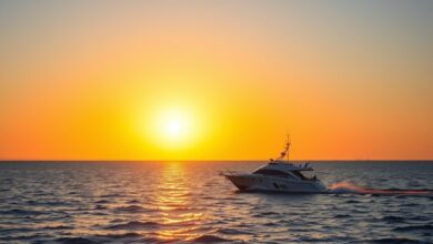 Navio mercante navegando ao pôr do sol em águas estreitas com escolta marítima e horizonte desértico.