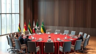 Mesa redonda diplomática iluminada com bandeiras internacionais durante conferência de cúpula económica global em sala moderna.