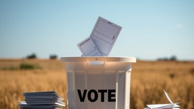 Urna de votação e boletins eleitorais organizados durante processo eleitoral democrático na Europa.