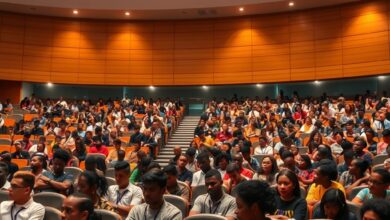 Amplo anfiteatro universitário moderno repleto de estudantes focados durante uma aula académica de ciências avançadas.