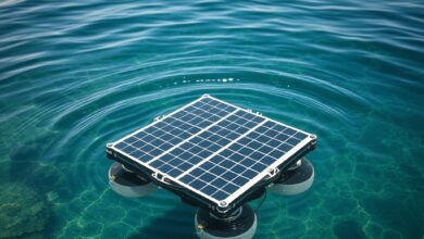 Módulo de painel solar experimental submerso em águas oceânicas límpidas para geração de energia fotovoltaica.