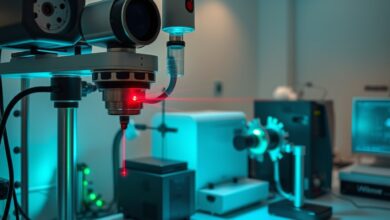 Equipamento científico com feixes de laser e câmaras de vácuo num laboratório de física quântica avançada