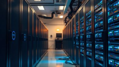 Servidores de computação em laboratório iluminados com luzes azuis durante processamento de modelos de inteligência artificial