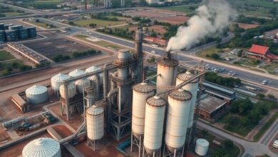 Vista aérea de instalações industriais de processamento de cimento com chaminés e silos de armazenamento.