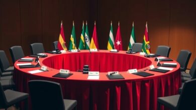 Mesa redonda de conferência internacional iluminada com bandeiras de diversas nações e microfones dispostos sobre bancada diplomática