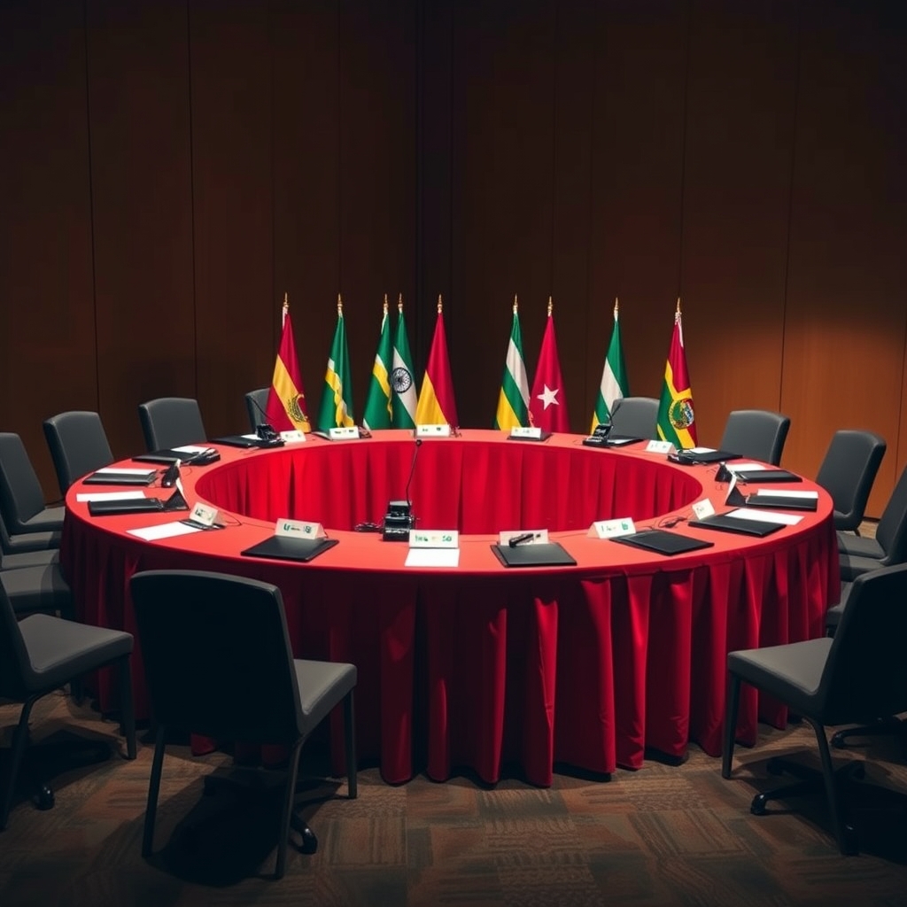 Mesa redonda de conferência internacional iluminada com bandeiras de diversas nações e microfones dispostos sobre bancada diplomática