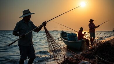 Pescadores tradicionais puxando redes junto à costa e mangais preservados sob a luz da manhã