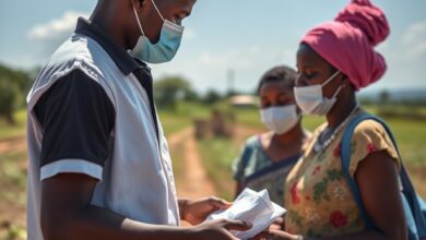 Profissionais de saúde pública distribuem redes mosquiteiras e prestam esclarecimentos preventivos a famílias numa comunidade rural moçambicana.