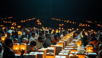 Urnas e cédulas eleitorais organizadas numa assembleia de voto iluminada durante contagem de boletins na Suécia.