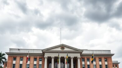 Fachada imponente de embaixada internacional com bandeiras hasteadas ao entardecer sob céu nublado.