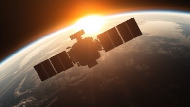 Satélite militar em órbita ao redor do planeta Terra iluminado pela luz solar no espaço sideral