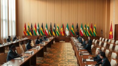 Sala de reuniões diplomáticas internacionais com bandeiras oficiais e mesas de conferência vazias sob iluminação suave.