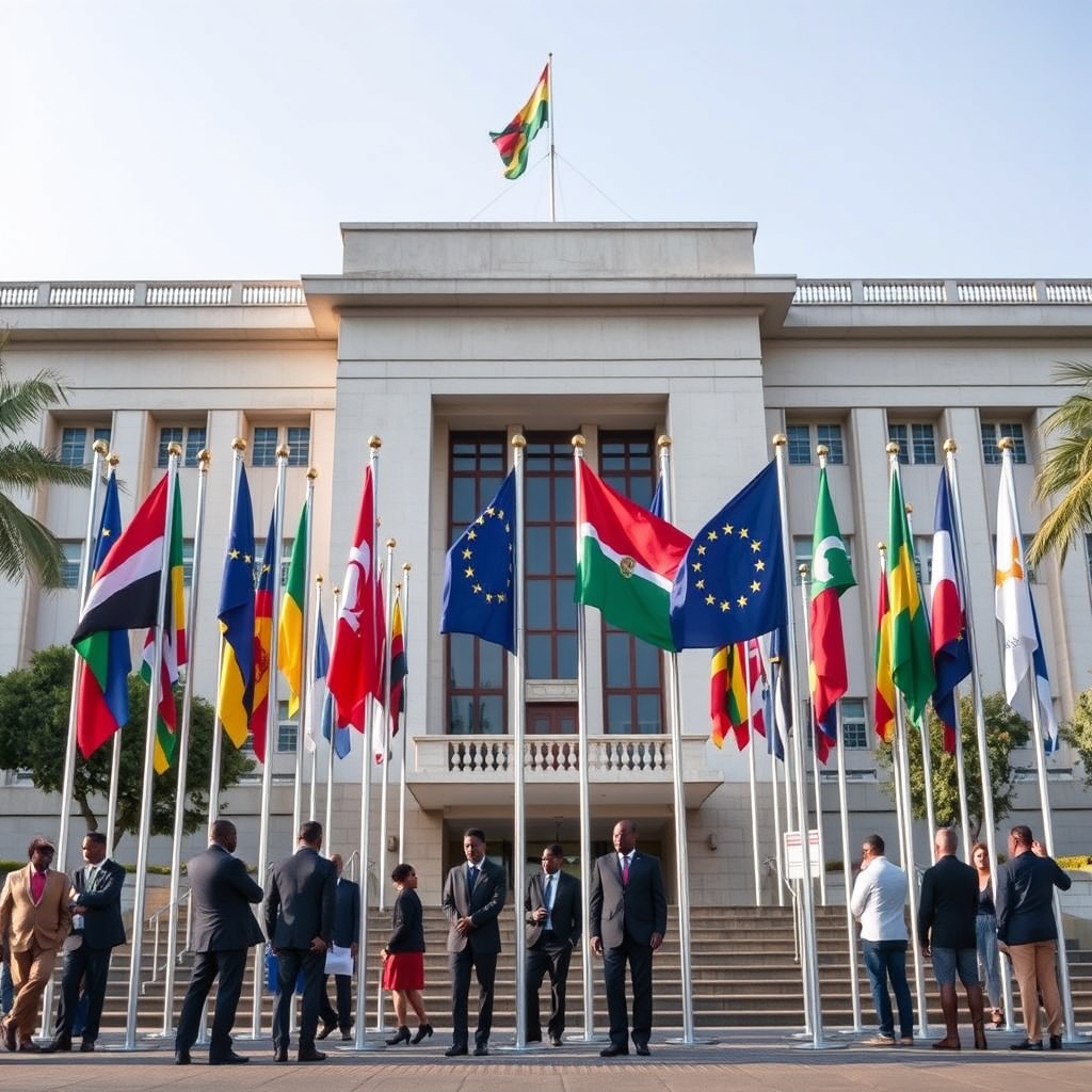 Bandeiras de países europeus hasteadas em frente a um edifício governamental durante reunião de defesa e segurança.