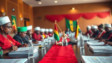 Bandeiras partidárias e pastas de documentos sobre uma mesa de reunião num plenário político governamental em África.
