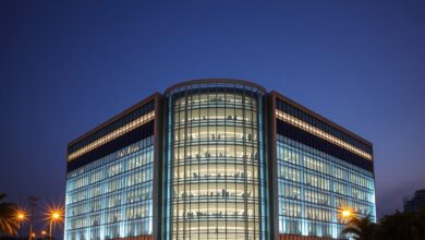 Fachada moderna de um complexo empresarial contemporâneo iluminado ao entardecer na capital moçambicana.