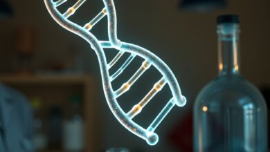 Estrutura digital em espiral do ADN humano projectada em ecrãs num laboratório de biologia molecular avançado