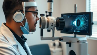 Aparelho médico oftalmológico moderno a realizar exame digital detalhado da retina e nervo ótico em consultório.