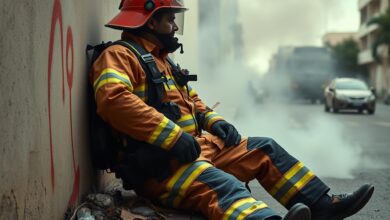 Viatura do corpo de bombeiros estacionada junto a edifício com marcas de fumo após combate a incêndio urbano.