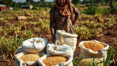 Armazém com sacos de cereais e grãos empilhados para distribuição comunitária em região rural africana