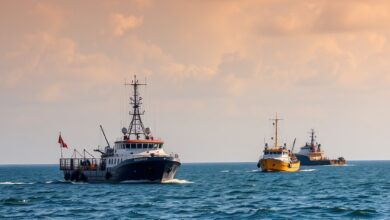 Navios petroleiros e cargueiros a navegar em águas internacionais próximas a um estreito marítimo estratégico sob céu aberto.
