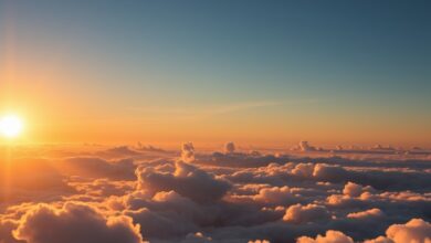 Jato executivo moderno em voo sobre nuvens iluminadas pela luz do sol durante o entardecer.