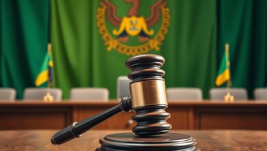 Tribunal moderno com martelo de juiz sobre mesa de madeira e bandeiras ao fundo