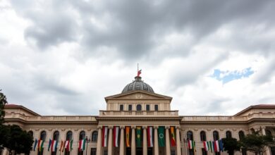 Fachada do parlamento em Pristina com bandeiras sob céu nublado durante sessão legislativa nos Balcãs.