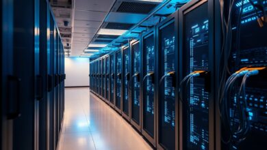Servidores de computação em centro de dados iluminado com luzes azuis e cabos de rede conectados