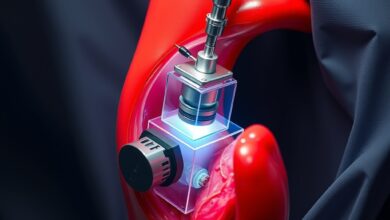 Ilustração tridimensional de dispositivo micro-robótico navegando por artéria humana durante procedimento cirúrgico vascular.