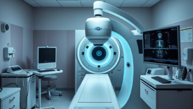 Equipamento hospitalar de imagiologia médica e diagnóstico por raio-X num laboratório clínico moderno e iluminado.