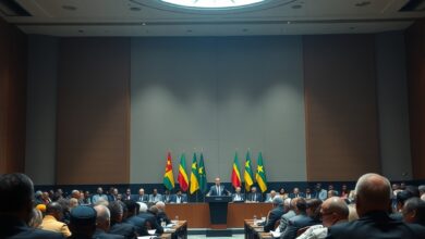 Sala de conferências internacional com bandeiras e diplomatas reunidos durante uma assembleia sobre direitos fundamentais.