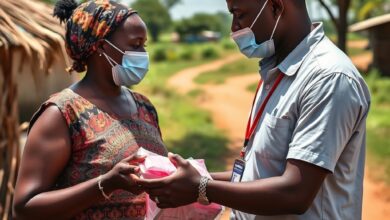 Agente comunitário de saúde distribuindo redes mosquiteiras e prestando orientação preventiva em aldeia rural de Moçambique.