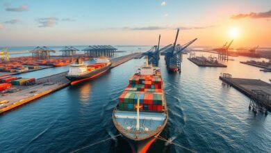 Vista panorâmica de um porto comercial com navios de carga e contentores industriais ao pôr do sol