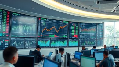 Painel financeiro moderno com gráficos de cotações bolsistas e indicadores económicos em monitor de sala de operações.