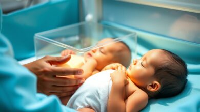 Frascos de vidro esterilizados para conservação de leite materno alinhados numa unidade hospitalar de neonatologia.