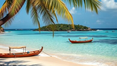 Paisagem costeira tropical de Moçambique com barcos tradicionais de madeira ancorados junto a uma praia de águas cristalinas.