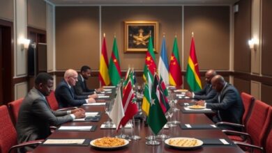 Sala de reuniões diplomáticas com bandeiras nacionais e pastas sobre a mesa para negociações bilaterais de cooperação política.
