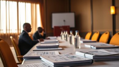 Mesa de conferência com pastas de relatórios económicos e documentos financeiros em Maputo