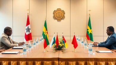 Mesa de conferência diplomática com bandeiras institucionais durante reunião sobre cooperação de segurança e defesa bilateral.