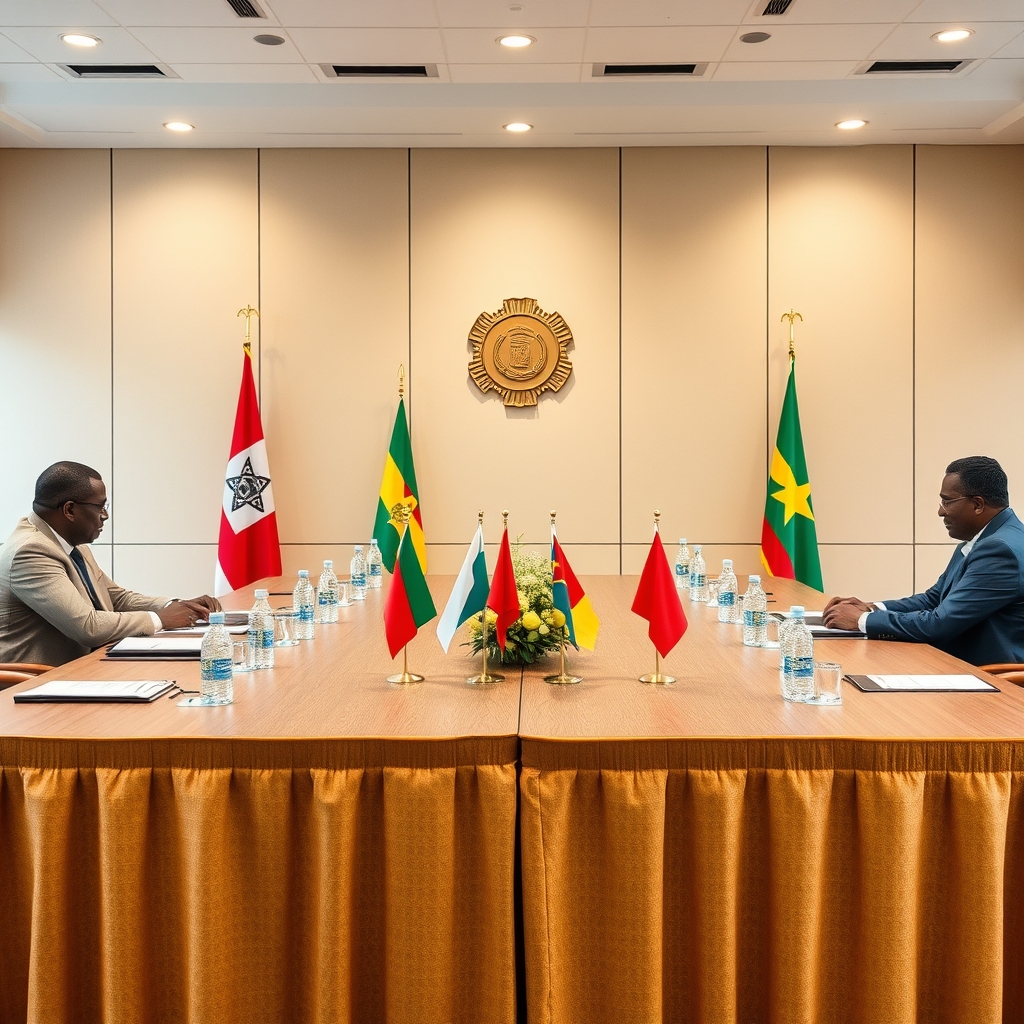 Mesa de conferência diplomática com bandeiras institucionais durante reunião sobre cooperação de segurança e defesa bilateral.