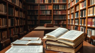 Documentos históricos e pastas de arquivos sobre uma mesa de madeira em biblioteca diplomática iluminada.