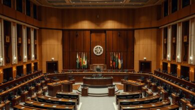 Edifício governamental contemporâneo com bandeiras e salão de debates legislativos preparado para cerimónia oficial diplomática.