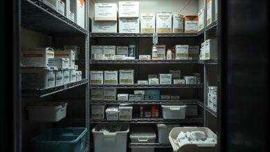 Caixas com suprimentos médicos e medicamentos organizadas no interior de um armazém logístico hospitalar bem iluminado