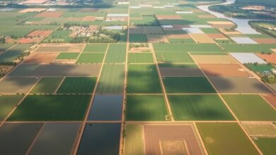 Vista aérea de extensos campos agrícolas irrigados com canais de água na bacia do rio Limpopo