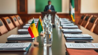 Mesa de conferência institucional com pastas diplomáticas e documentos oficiais preparados para auscultação cívica internacional.