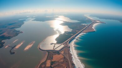 Vista aérea de uma barragem moçambicana com níveis reduzidos de água sob sol intenso durante período seco